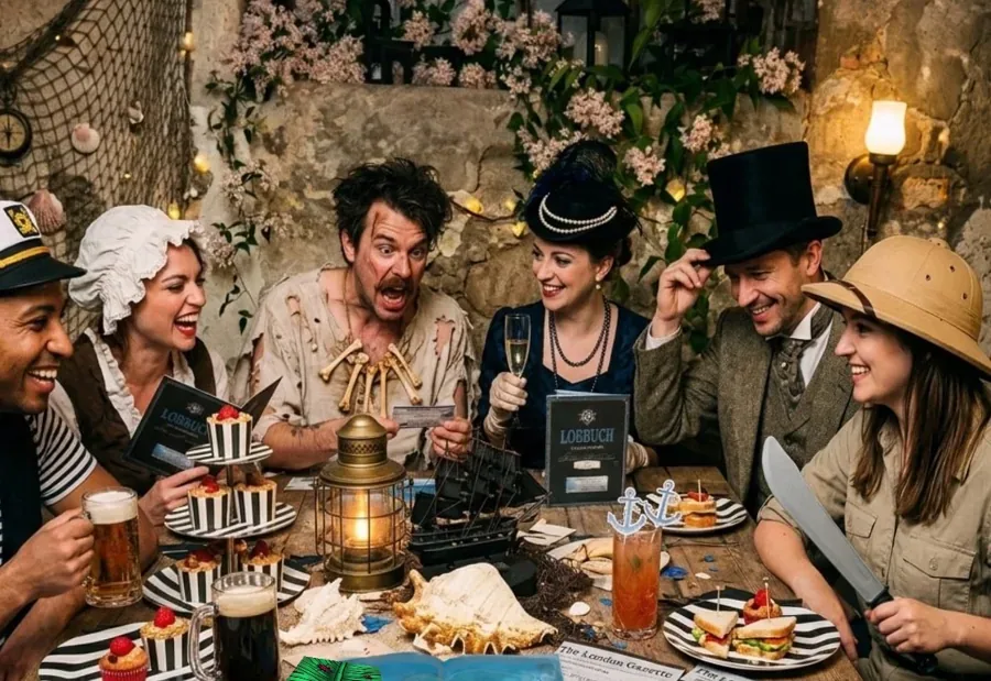 Spielende in Kostümen lachen gemeinsam am festlich gedeckten Tisch