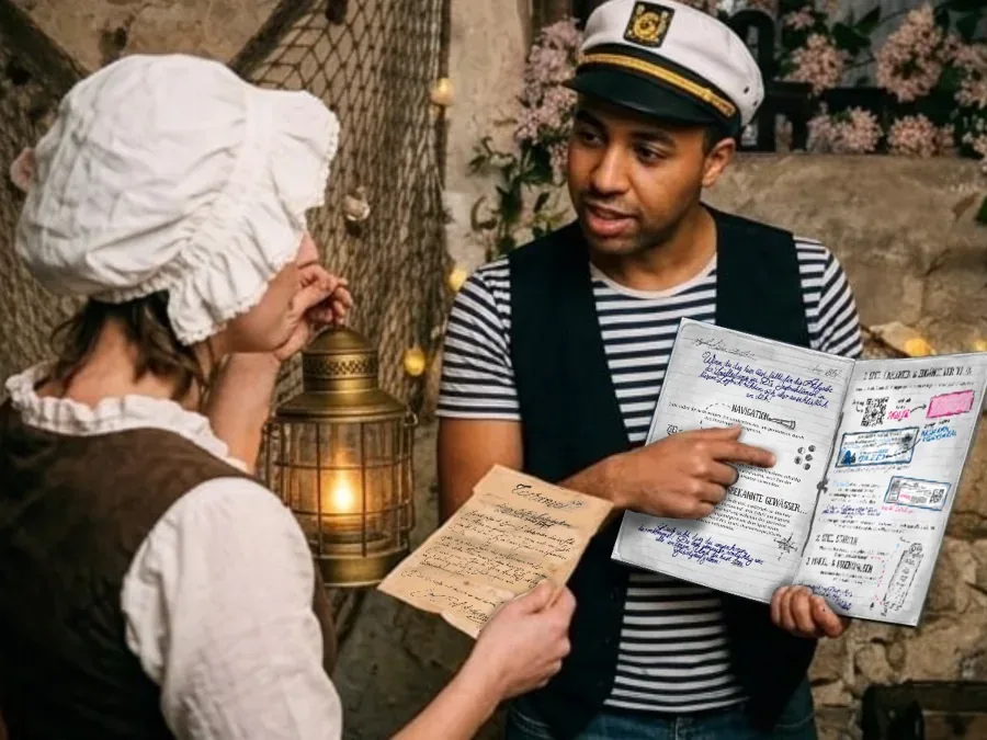 Zwei Spielende studieren das illustrierte Ermittlungs-Logbuch